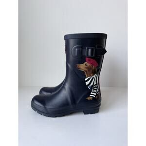 Joules Tall Rain Boots Dog In a Hat DOGS Print Size US 8 Womens Navy Blue